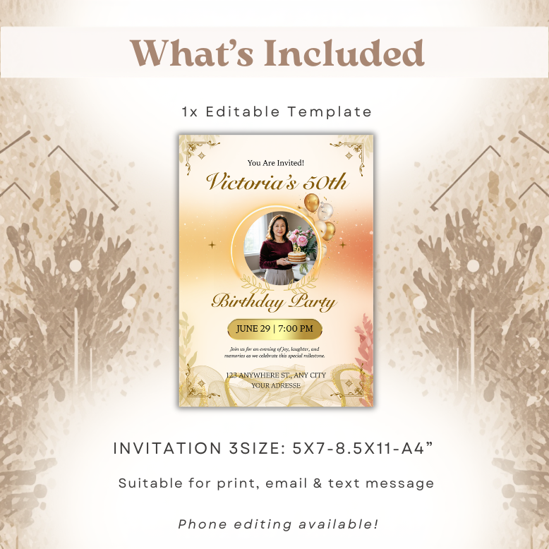 Editable Gold Birthday Party Invite