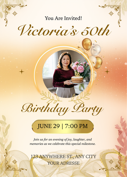 Editable Gold Birthday Party Invite