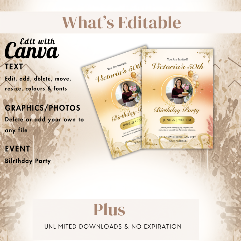 Editable Gold Birthday Party Invite
