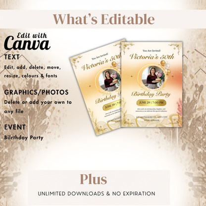 Editable Gold Birthday Party Invite